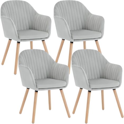 Woltu – Lot de 4 chaises de salle à manger en velours et bois massif – Hauteur 81 cm – Gris clair – Confort ergonomique avec accoudoirs