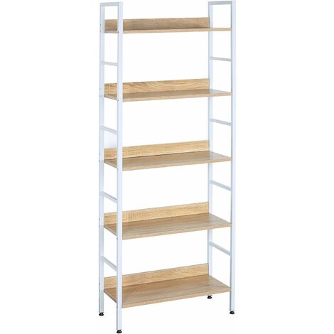 Woltu – Étagère de rangement en acier et bois 5 tablettes 60x27,5x160cm – Capacité 20kg par tablette – Style moderne blanc et chêne clair (1/5)