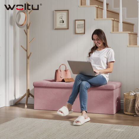 Pouf De Rangement Pliable En Velours - 110x37.5x38cm - Capacité 300kg - Rose/Gris/Marron