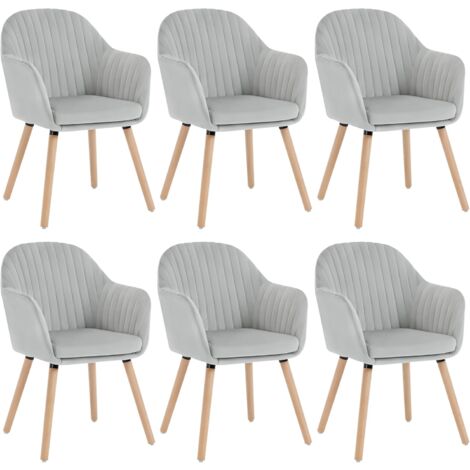 Woltu – Lot de 6 chaises de salle à manger – Velours gris clair – Bois massif – Dossier incurvé – Capacité 150 kg – Montage facile