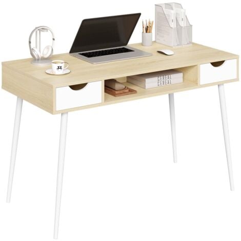 Bureau d'ordinateur en bois et métal WOLTU - Table de bureau - Table de Travail - Table avec 2 tiroirs et 1 Compartiment Ouvert - 120x58x77cm - Chêne