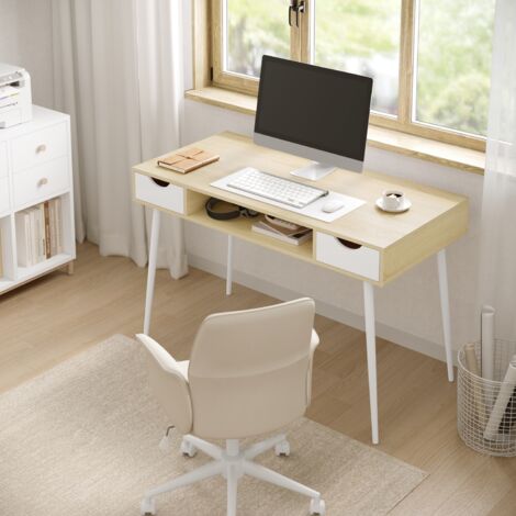 Bureau d'ordinateur en bois et métal WOLTU - Table de bureau - Table de Travail - Table avec 2 tiroirs et 1 Compartiment Ouvert - 120x58x77cm - Chêne