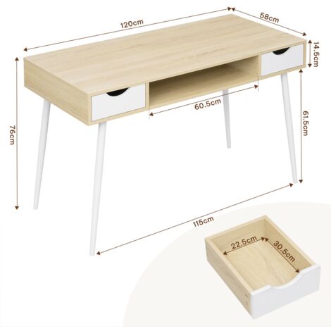 Bureau d'ordinateur en bois et métal WOLTU - Table de bureau - Table de Travail - Table avec 2 tiroirs et 1 Compartiment Ouvert - 120x58x77cm - Chêne