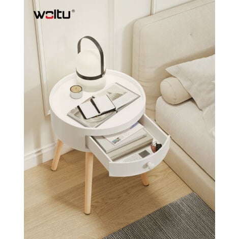 Lot de 2 Table de Chevet en MDF avec Tiroir WOLTU, Table de nuit Pieds en bois, Blanc, 38x38x45,5cm