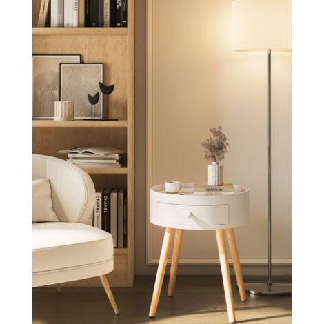 Lot de 2 Table de Chevet en MDF avec Tiroir WOLTU, Table de nuit Pieds en bois, Blanc, 38x38x45,5cm