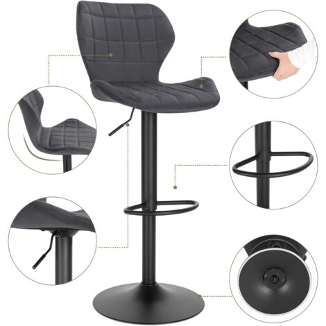 WOLTU Tabouret de Bar en Velours, Réglables en Hauteur, Pivotant à 360°avec Dossier Repose-Pieds, Gris Foncé, siège 48x38cm