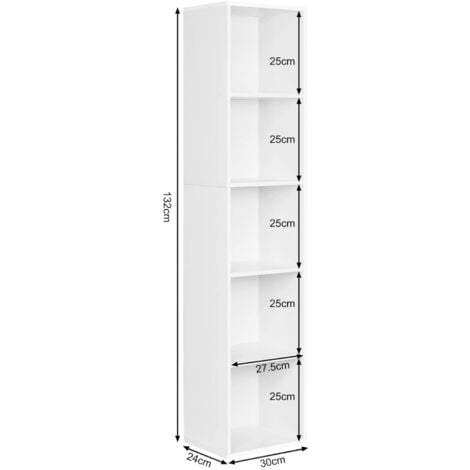 Bibliothèque à 5 Compartiments WOLTU, Étagère à Livres, Meuble de Rangement Étagé, Colonne Semi-Ouvert en Panneaux de Particules pour Cuisine Bureau Salon Salle d'Étude, 30x24x132cm，Blanc