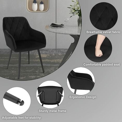 Lot de 6 Chaise Salle à Manger WOLTU, Chaise de Cuisine en Velours, Assis Rembourré et Pieds en Métal, Noir BH352sz-6