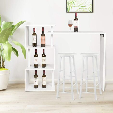 Woltu – Table de bar rotatif 3 tablettes – Structure métal noir – Plateau MDF blanc 97.5x38cm – Hauteur 100cm – 2 tabourets inclus