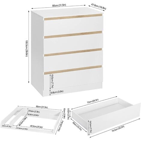Table à Langer WOLTU, Commode Bébé à Langer avec 4 Tiroirs, en MDF et en Bois d’Ingénierie, 80x75x109,2cm, Blanc