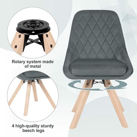 WOLTU Chaise Pivotante de Salle à Manger, Chaise de Cuisine en Velours, Pieds en Bois Massif, Gris Foncé