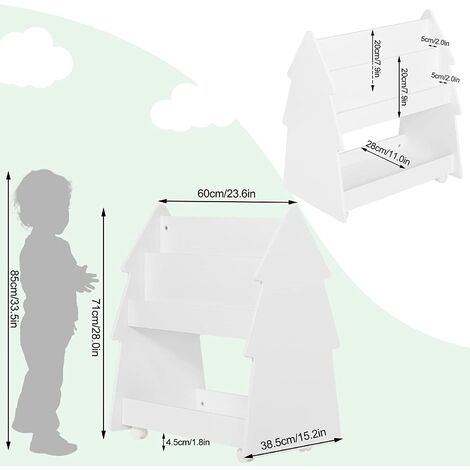 Bibliothèque pour Enfants à 3 Niveaux WOLTU, Meuble Étagère à Livres sur 4 roulettes pour Chambre d'enfant, Blanc 60x38,5x71cm