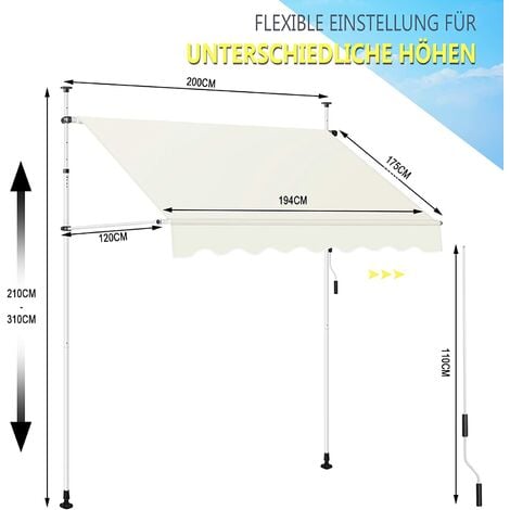 WOLTU Store Banne Manuel, Auvent Rétractable avec Manivelle sans Perçage, Hauteur Réglable, Longueur 200cm, Beige