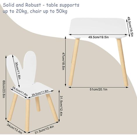 Table Et 2 Chaises Enfants - MDF Et Bois Massif - Oreilles Lapin - Blanc Et Naturel - 50kg Charge