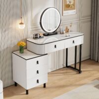Woltu – Coiffeuse enfant avec miroir LED – 100x40x125cm – 5 tiroirs en bois massif – Luminosité réglable – Design moderne blanc et noir