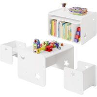 Woltu – Ensemble table et chaises pour enfant – 2 chaises – Meuble Montessori – MDF blanc – Dimensions table 66x53x42cm – Chaise 32,5x30x29cm