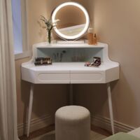 Woltu – Coiffeuse d'angle avec miroir LED réglable – 2 tiroirs et casier en verre – MDF hydrofuge blanc – Dimensions 99x63x76/139 cm