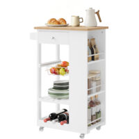 WOLTU Desserte à roulettes avec Plan de Travail, Meuble Cuisine, Bambou + Blanc