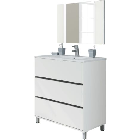 Mueble de lavabo Kalma con tres cajones con guías metálicas, lavabo incluido, 90x81,5x46,5 cm(alto x ancho x profundo),color Blanco alto brillo