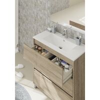 Mueble de lavabo Kalma con tres cajones con guías metálicas, lavabo incluido, 90x81,5x46,5 cm(alto x ancho x profundo),color roble cambrian - Roble cambrian