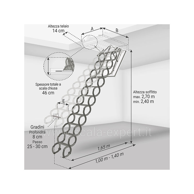 SCALA RETRATTILE IN ACCIAIO DA PARETE FORO 70X90 cm (LxH) ALTEZZA