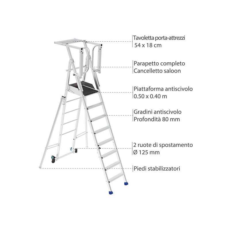 Scaletta pieghevole 7 gradini - Altezza massima di lavoro 3.75m - PIRL7SD-PS