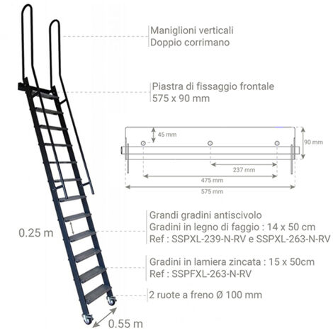 Scala acciaio - Gradini legno - Altezza suolo a suolo 2.25m - SSPXL-239-N-RV