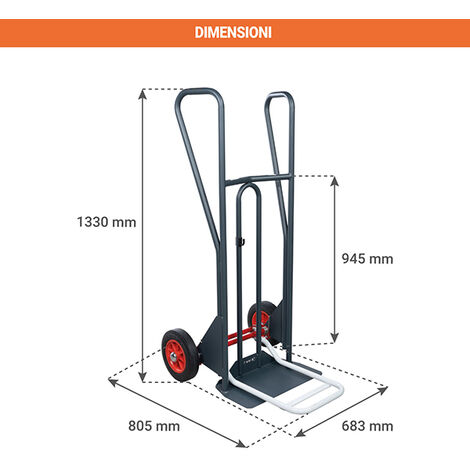 ES Carrello Professionale Per Trasporto Con Ruote Grandi - Capacità Di Carico 500 Kg, Pala 620x190 Mm, Altezza 120 Cm