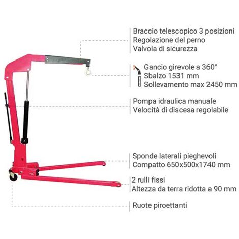Gru Da Officina Pro-Lift 600 Kg - Pieghevole, Altezza 90 Mm, Per Sollevamento Motori E Carichi Pesanti - Foto 6