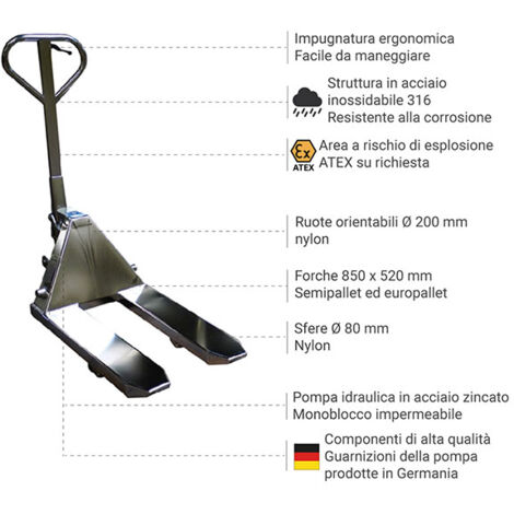 Transpallet in acciaio inox 316 - Forche corte 850x520 mm - Portata ...