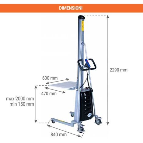 Impilatore semi-elettrico piano - Sollevamento massimo 2000 mm - Carico massimo 100 kg - 1843044048