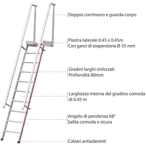 Scala in alluminio per sbarco soppalco con corrimano NUMERO