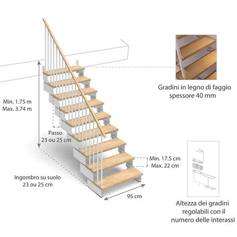 Scala dritta 10 gradini - Larghezza 95cm - Legno e bianco - COMPO95/I/BB-RV- 10