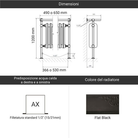 Radiatore in ghisa nero - Altezza 1200mm - Lunghezza 650mm - 1031 watt ...