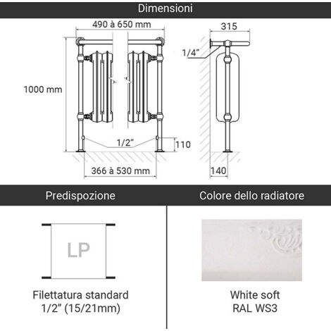Radiatore in ghisa bianco - Altezza 1000mm - Lunghezza 650mm - 694 watt ...