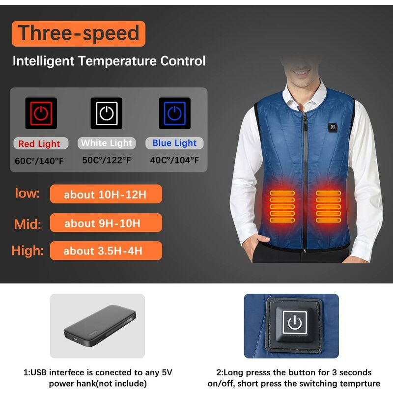 PHONME Maillot de corps chauffant électrique USB 2023 pour homme et femme,  3 niveaux de température, veste chauffante électrique, sous-vêtement