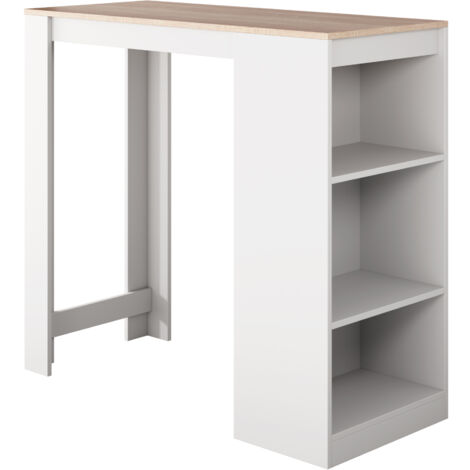 Muebles Bonitos – Table haute 110x103x50cm – Plateau mélaminé blanc et sonoma – 3 étagères latérales pour gain de place – Finition mate facile à nettoyer