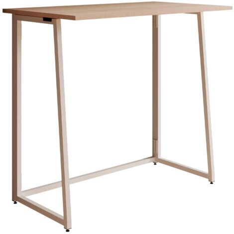 Table haute pliable en métal blanc 80,5x42cm – Plateau mélaminé sonoma mat – Pieds réglables pour sol irrégulier – 75,5cm de hauteur