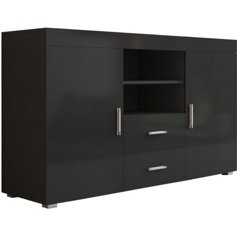 Muebles Bonitos – Buffet de salon bas 2 portes 2 tiroirs 140x80x40cm – Structure en mélamine brillante – Poignées en aluminium – Meuble de rangement moderne