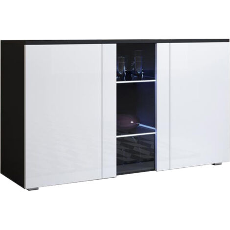 Lettiemobili – Buffet bas 3 portes 2 étagères vitrine LED 120x72x40cm – Panneaux mélamine brillant – Étagères en verre – Meuble moderne noir et blanc (1/5)