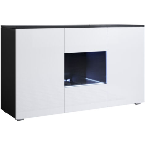 Muebles Bonitos – Buffet bas 3 portes avec LED – Étagères en verre – Panneaux mélamine brillant – Dimensions 120x72x40cm – Modèle Luke A2 – Noir et blanc