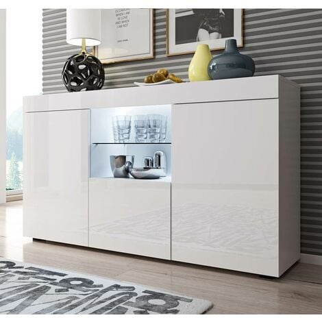 Buffet de salon bas avec LED bleue  135x73x34cm  Meuble de rangement  Modèle SEFORA  Couleur Blanc Finition Brillante