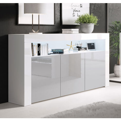 Buffet de salon bas 3 portes avec LED bleue  155x91,5x37cm  Meuble de rangement  Modèle AKER  Couleur Blanc et Gris Finition brillante