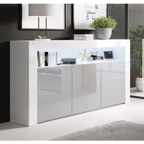 Buffet de salon bas 3 portes avec LED bleue  155x91,5x37cm  Meuble de rangement  Modèle AKER  Couleur Blanc et Gris Finition brillante