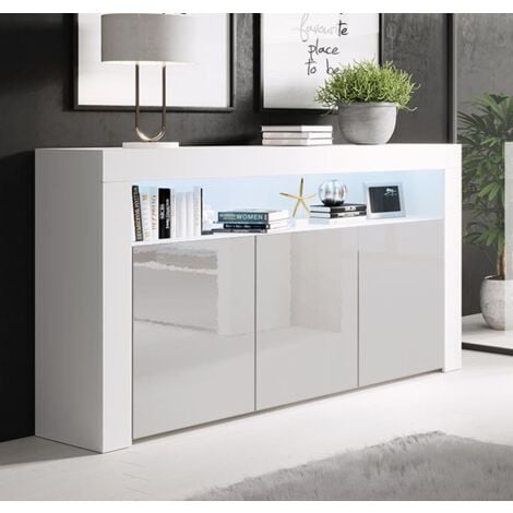 Buffet de salon bas 3 portes avec LED bleue  155x91,5x37cm  Meuble de rangement  Modèle AKER  Couleur Blanc et Gris Finition brillante