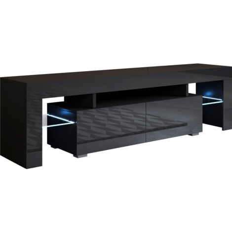Muebles Bonitos – Meuble TV moderne 2 tiroirs avec LED 160x45x35cm – Structure en mélamine brillante – Système d'ouverture push-click – Étagères en verre (1/3)