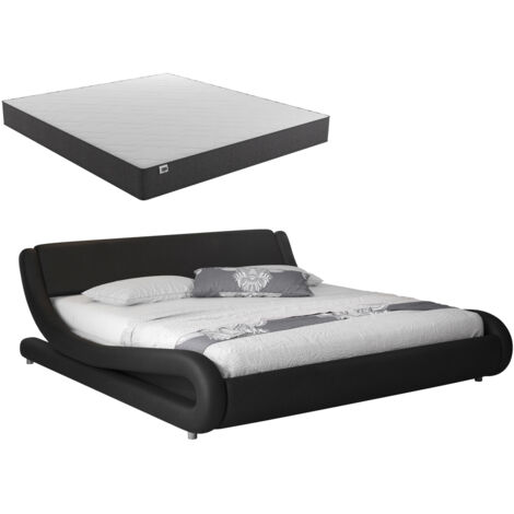 Lit Double avec Matelas Texas  Lit adulte  Couleur Noir  Matériaux bois et simili cuir  Modèle Alessia  160x200cm (1/5)