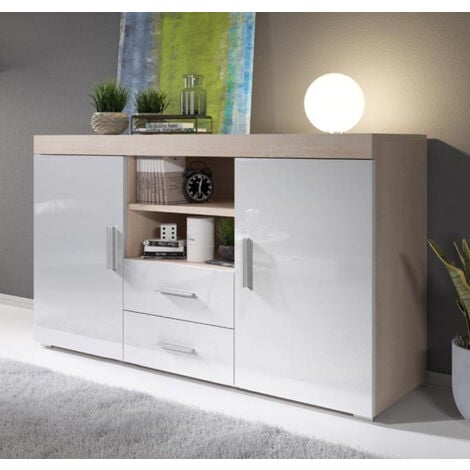 Buffet de salon bas 2 portes 2 tiroirs  140x80x40cm  Meuble de rangement  Modèle ROQUE  Couleur Sonoma Mat et Blanc Finition Brillante