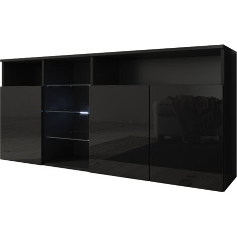 Muebles Bonitos – Buffet de salon bas 3 portes avec LED 150x70x35cm – Structure en mélamine brillante – Étagères en cristal – Pour rangement moderne