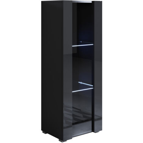 Muebles Bonitos – Vitrine avec pieds 2 cm – 1 porte – 3 compartiments – Dimensions 40 x 128 x 29 cm – Éclairage LED bleu – Finition mélamine brillante